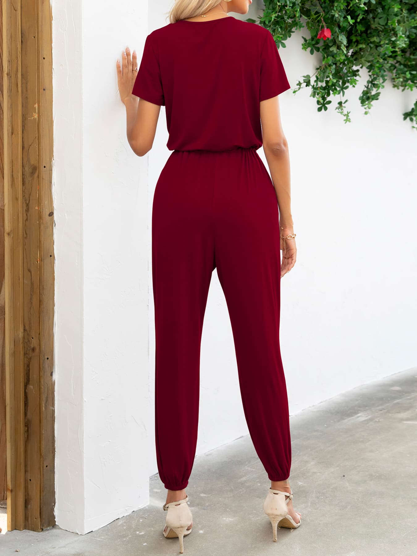 Short Sleeve V-Neck Jumpsuit with Pockets BLUE ZONE PLANET