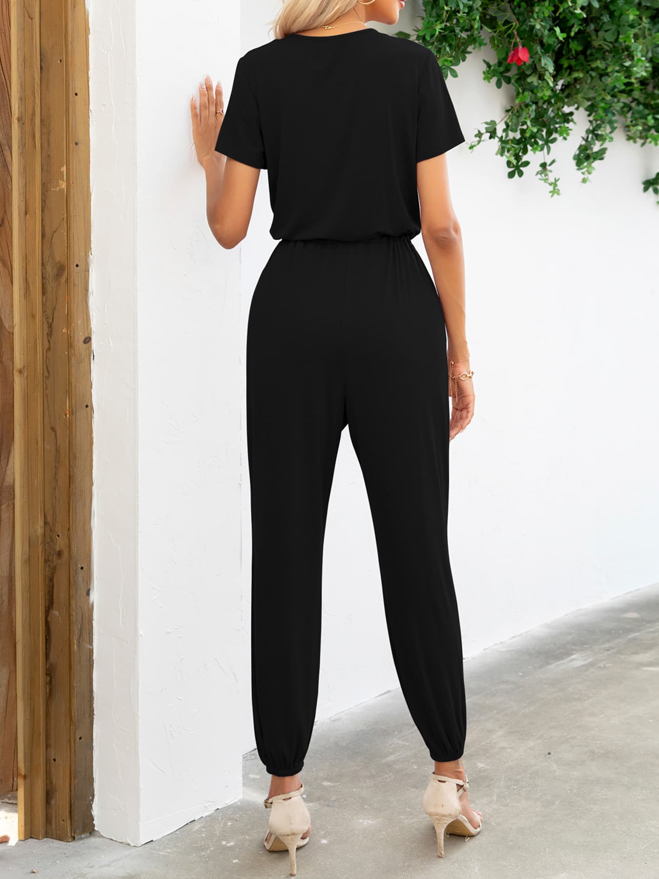 Short Sleeve V-Neck Jumpsuit with Pockets BLUE ZONE PLANET