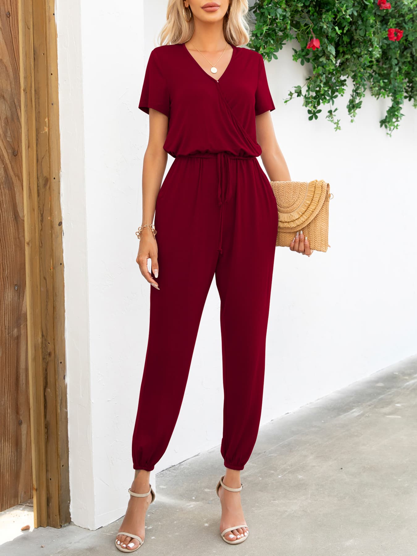 Short Sleeve V-Neck Jumpsuit with Pockets BLUE ZONE PLANET
