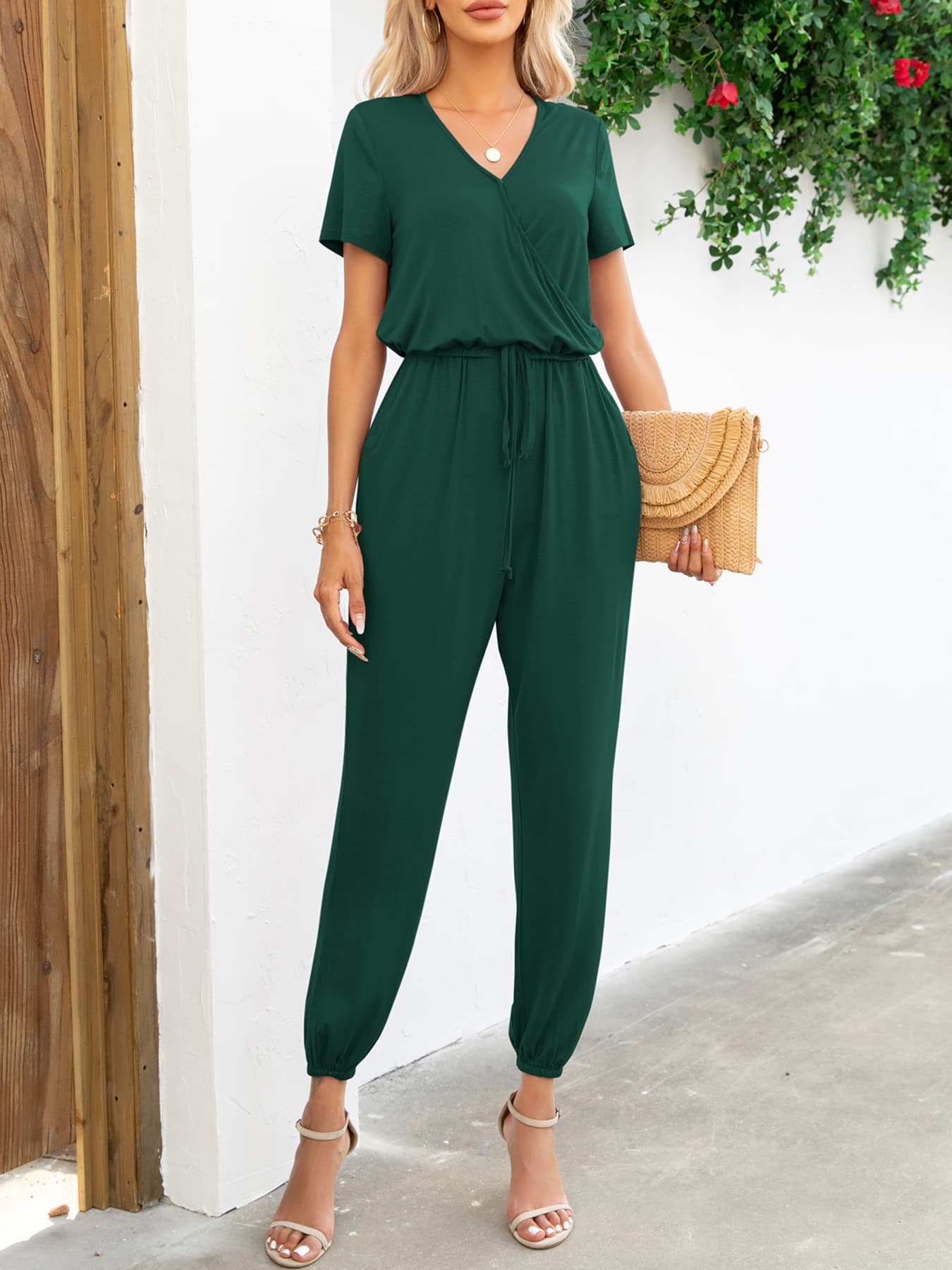 Short Sleeve V-Neck Jumpsuit with Pockets BLUE ZONE PLANET