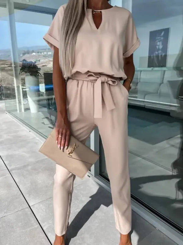 Short-sleeved V-neck slip pocket elastic waist tie-up pencil pants cropped jumpsuit kakaclo