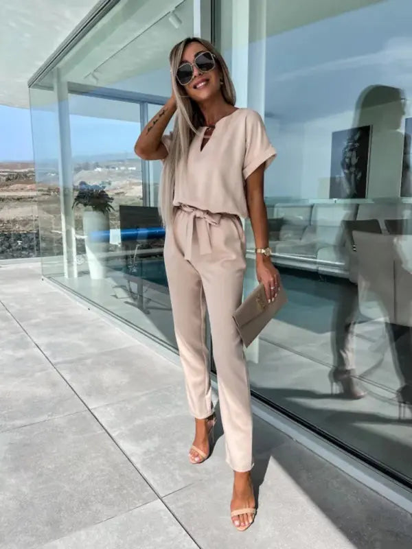 Short-sleeved V-neck slip pocket elastic waist tie-up pencil pants cropped jumpsuit kakaclo