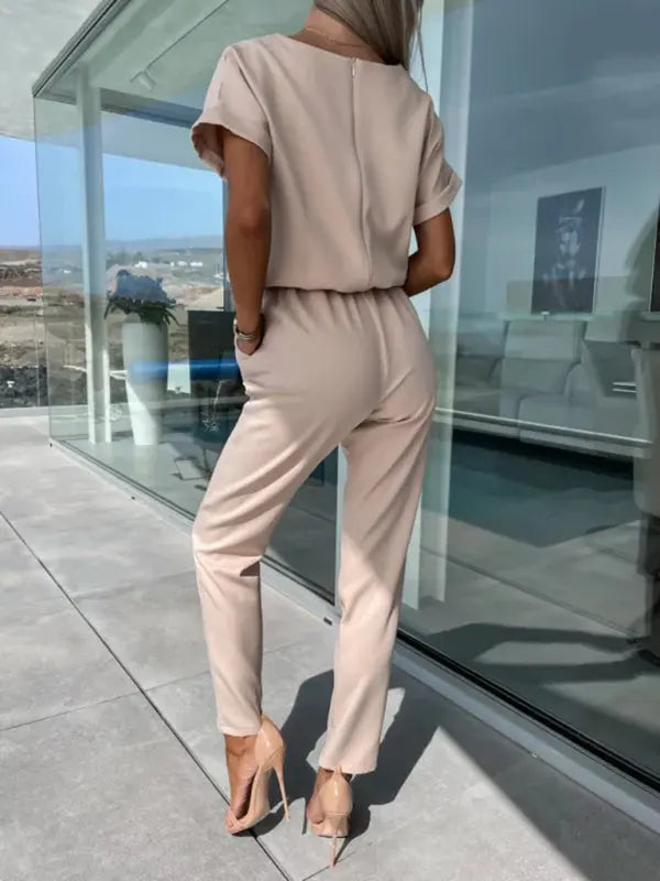 Short-sleeved V-neck slip pocket elastic waist tie-up pencil pants cropped jumpsuit kakaclo