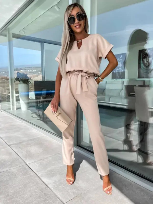 Short-sleeved V-neck slip pocket elastic waist tie-up pencil pants cropped jumpsuit kakaclo