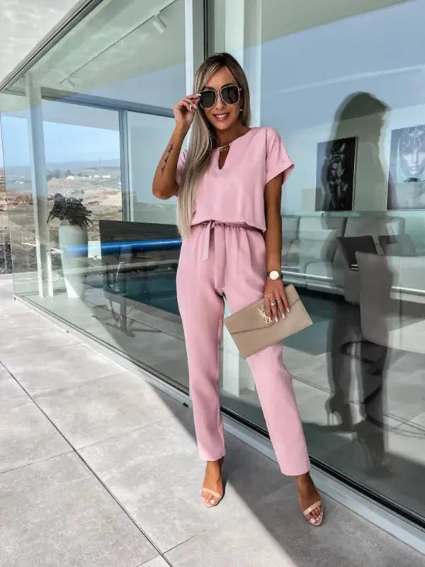 Short-sleeved V-neck slip pocket elastic waist tie-up pencil pants cropped jumpsuit kakaclo