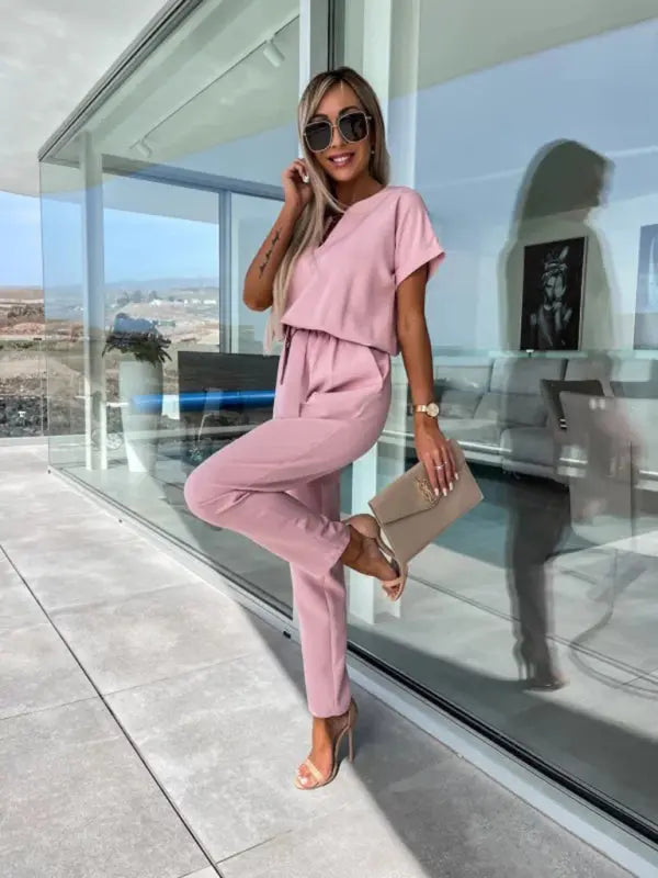 Short-sleeved V-neck slip pocket elastic waist tie-up pencil pants cropped jumpsuit kakaclo