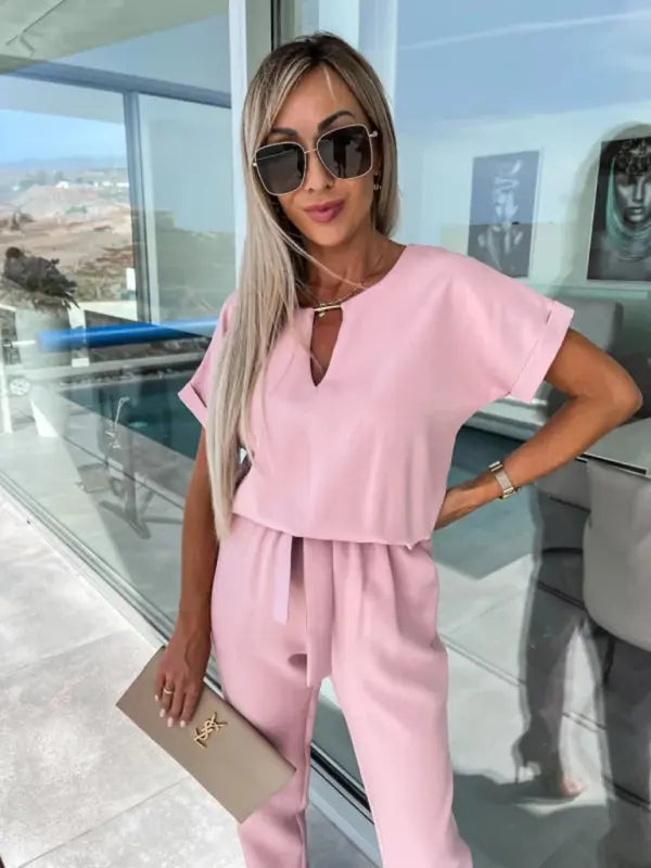Short-sleeved V-neck slip pocket elastic waist tie-up pencil pants cropped jumpsuit kakaclo