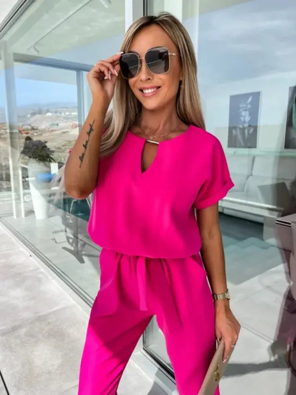 Short-sleeved V-neck slip pocket elastic waist tie-up pencil pants cropped jumpsuit kakaclo