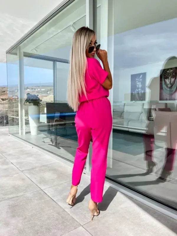 Short-sleeved V-neck slip pocket elastic waist tie-up pencil pants cropped jumpsuit kakaclo