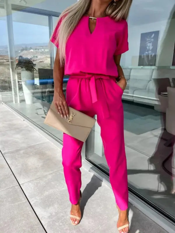 Short-sleeved V-neck slip pocket elastic waist tie-up pencil pants cropped jumpsuit kakaclo