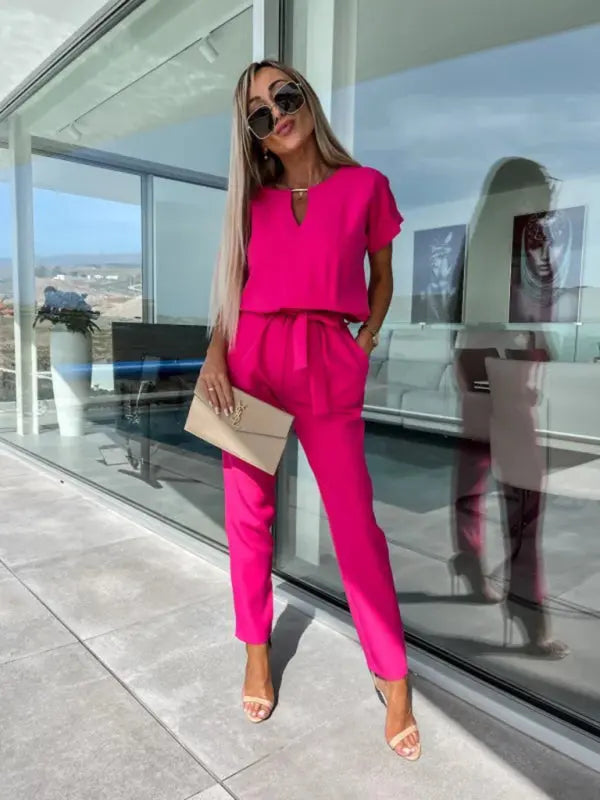 Short-sleeved V-neck slip pocket elastic waist tie-up pencil pants cropped jumpsuit kakaclo