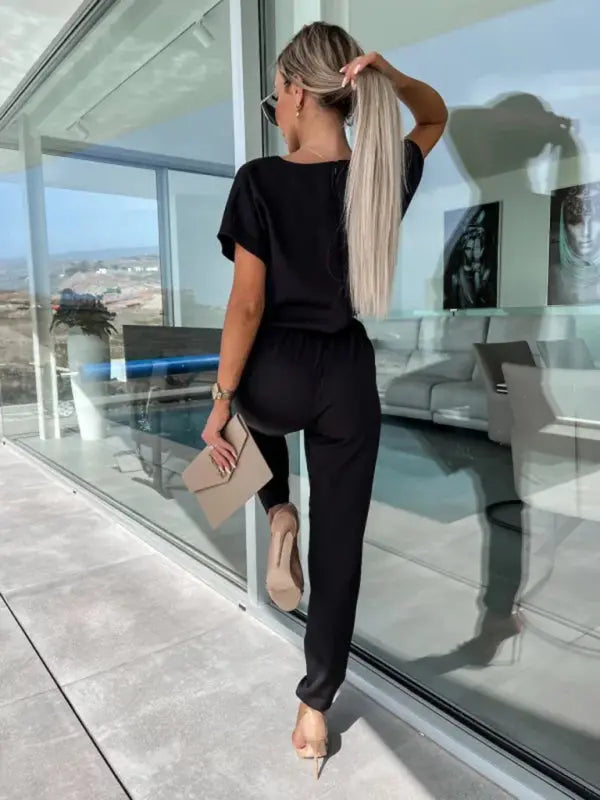 Short-sleeved V-neck slip pocket elastic waist tie-up pencil pants cropped jumpsuit kakaclo