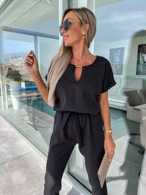 Short-sleeved V-neck slip pocket elastic waist tie-up pencil pants cropped jumpsuit kakaclo