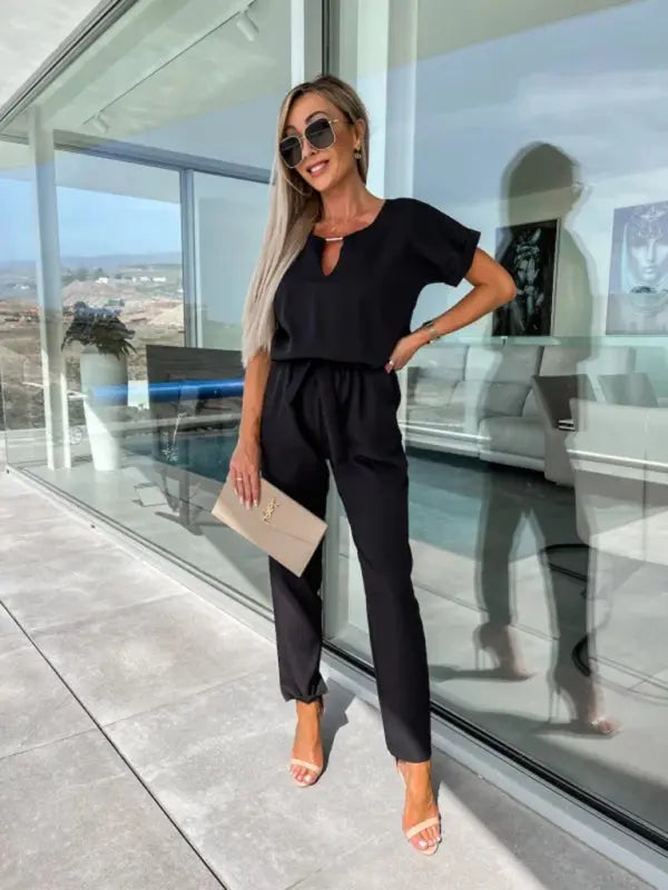 Short-sleeved V-neck slip pocket elastic waist tie-up pencil pants cropped jumpsuit kakaclo