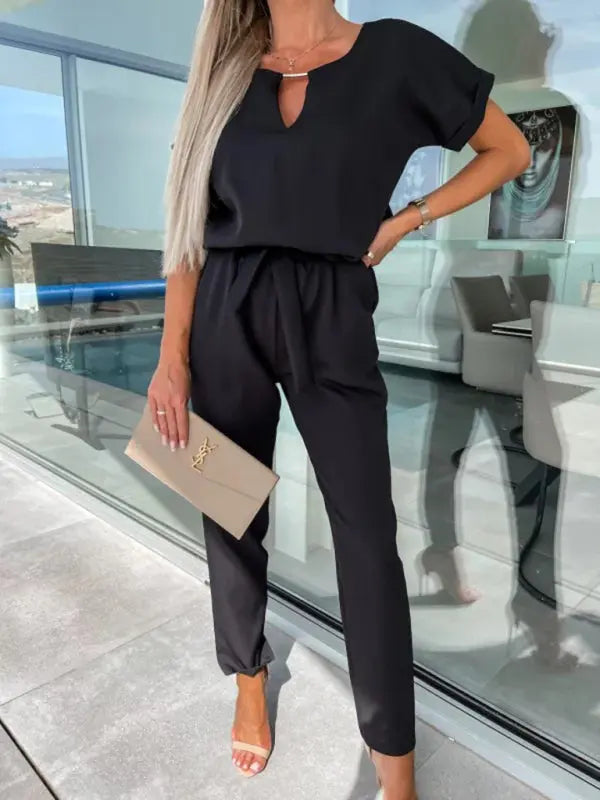 Short-sleeved V-neck slip pocket elastic waist tie-up pencil pants cropped jumpsuit kakaclo