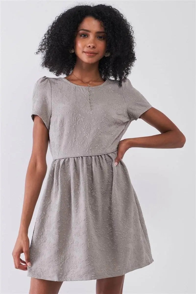 Silver Grey Floral Embroidery Round Neck Short Sleeve Mini Dress Blue Zone Planet