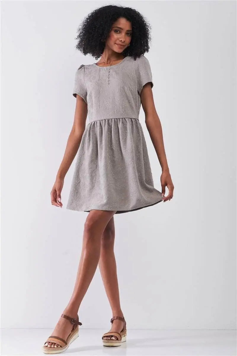 Silver Grey Floral Embroidery Round Neck Short Sleeve Mini Dress Blue Zone Planet