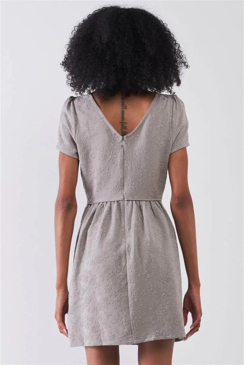 Silver Grey Floral Embroidery Round Neck Short Sleeve Mini Dress Blue Zone Planet