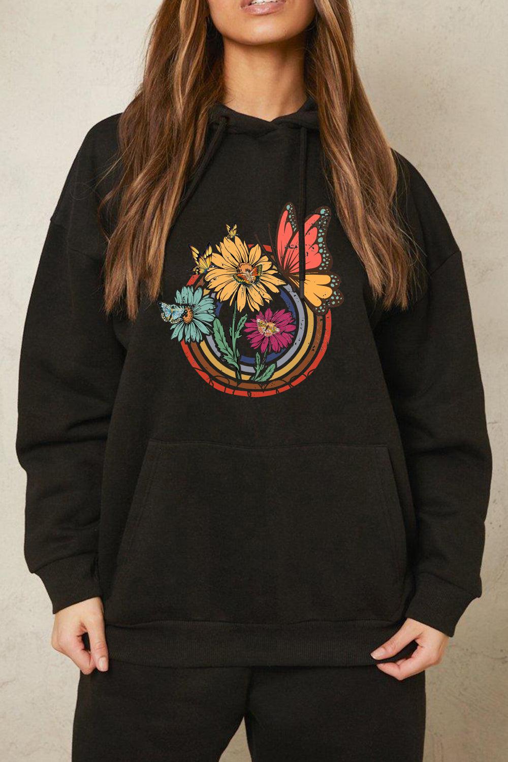 Simply Love Full Size Butterfly and Flower Graphic Hoodie BLUE ZONE PLANET