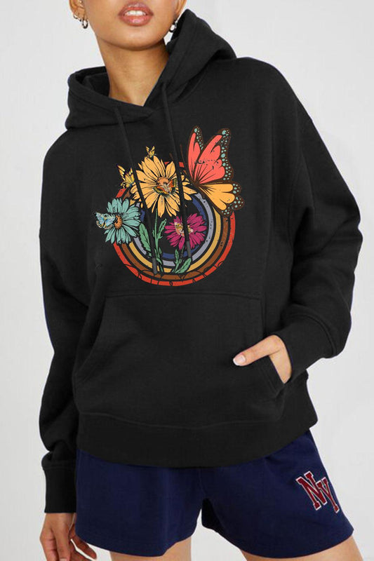 Simply Love Full Size Butterfly and Flower Graphic Hoodie BLUE ZONE PLANET