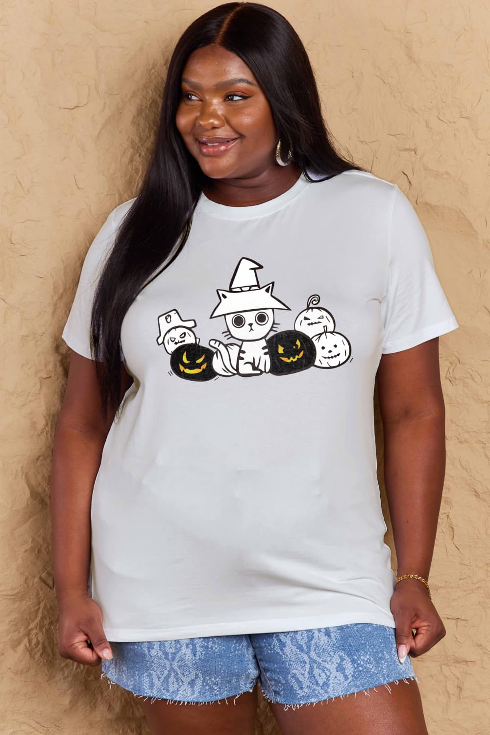 Simply Love Full Size Cat & Pumpkin Graphic Cotton T-Shirt BLUE ZONE PLANET