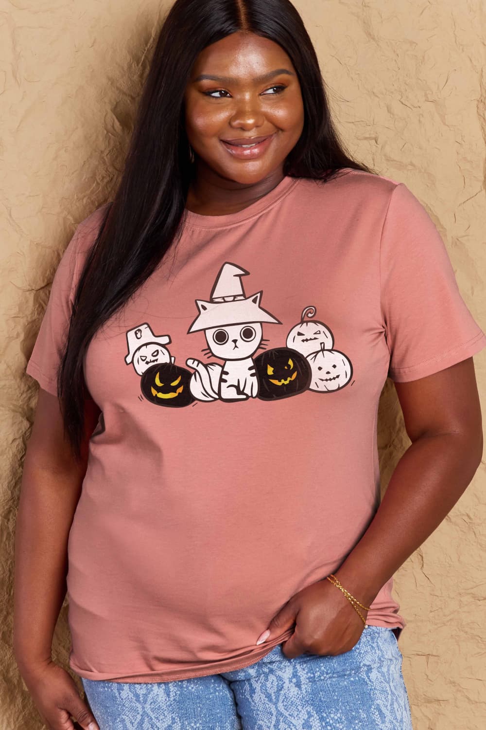 Simply Love Full Size Cat & Pumpkin Graphic Cotton T-Shirt BLUE ZONE PLANET