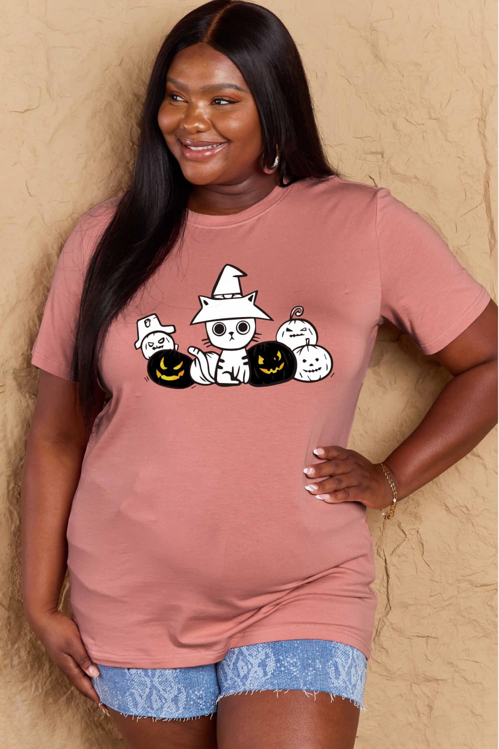 Simply Love Full Size Cat & Pumpkin Graphic Cotton T-Shirt BLUE ZONE PLANET