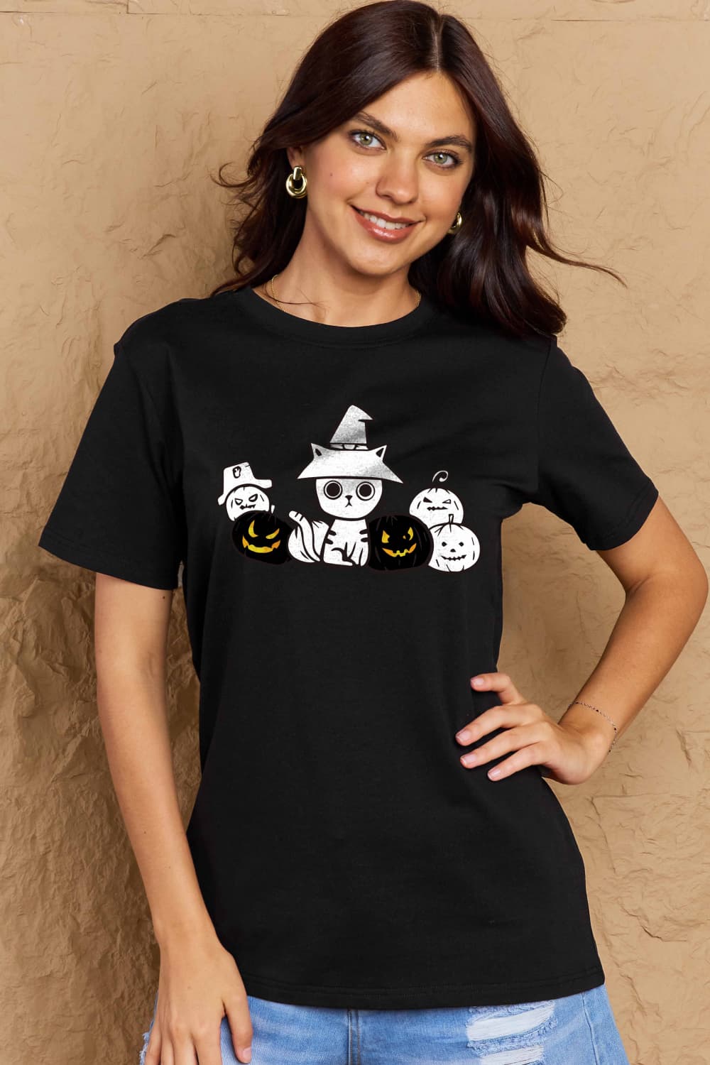 Simply Love Full Size Cat & Pumpkin Graphic Cotton T-Shirt BLUE ZONE PLANET