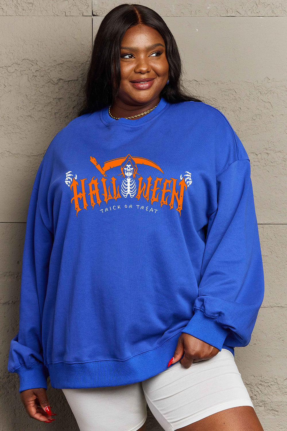 Simply Love Full Size HALLOWEEN TRICK OR TREAT Graphic Sweatshirt BLUE ZONE PLANET