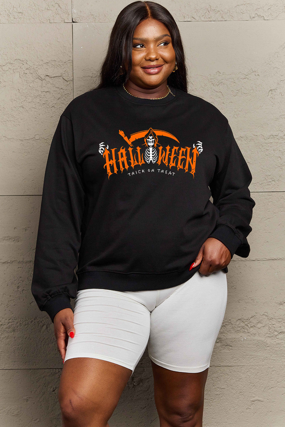 Simply Love Full Size HALLOWEEN TRICK OR TREAT Graphic Sweatshirt BLUE ZONE PLANET