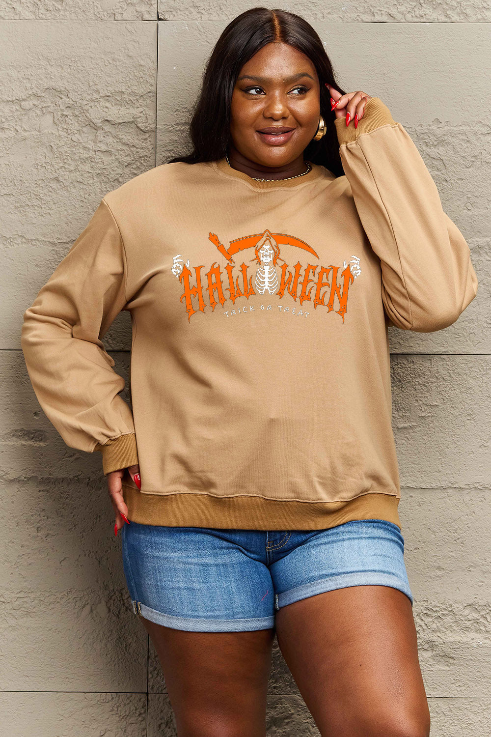 Simply Love Full Size HALLOWEEN TRICK OR TREAT Graphic Sweatshirt BLUE ZONE PLANET