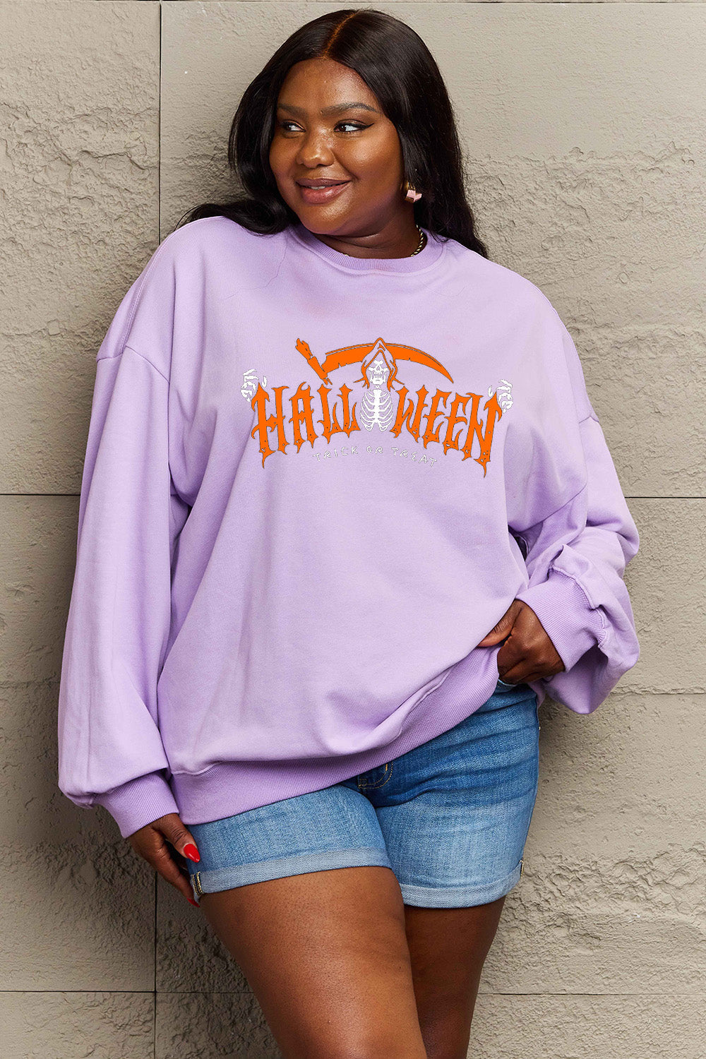 Simply Love Full Size HALLOWEEN TRICK OR TREAT Graphic Sweatshirt BLUE ZONE PLANET