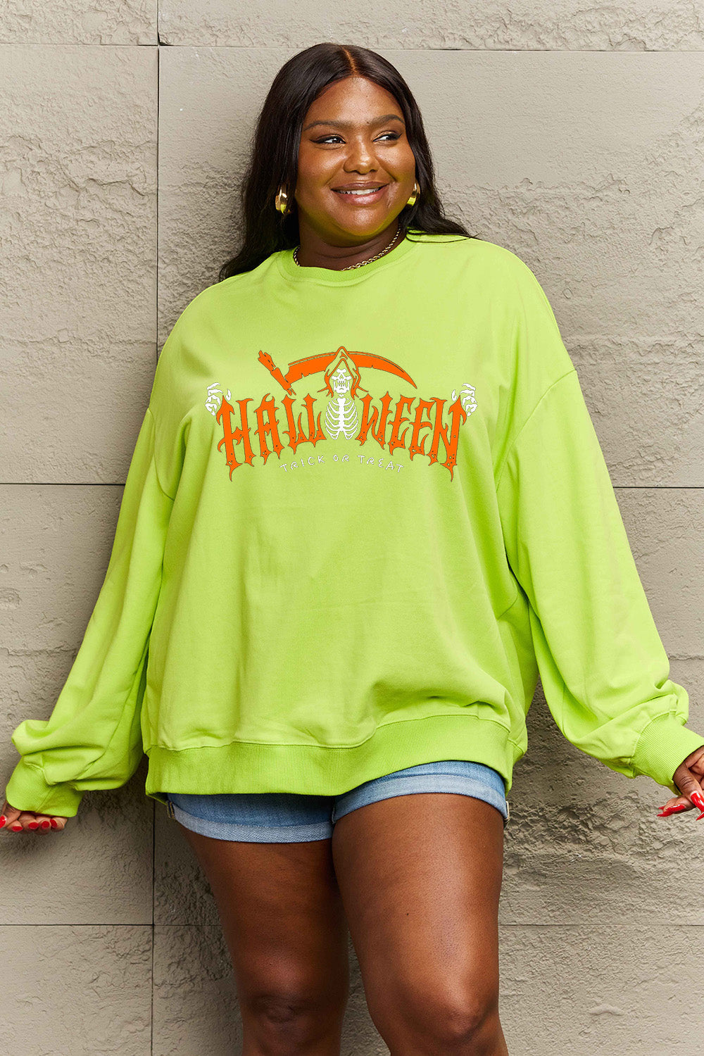 Simply Love Full Size HALLOWEEN TRICK OR TREAT Graphic Sweatshirt BLUE ZONE PLANET