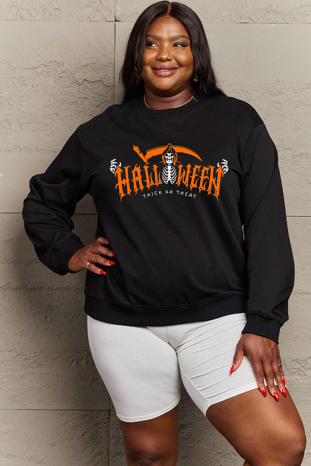 Simply Love Full Size HALLOWEEN TRICK OR TREAT Graphic Sweatshirt BLUE ZONE PLANET