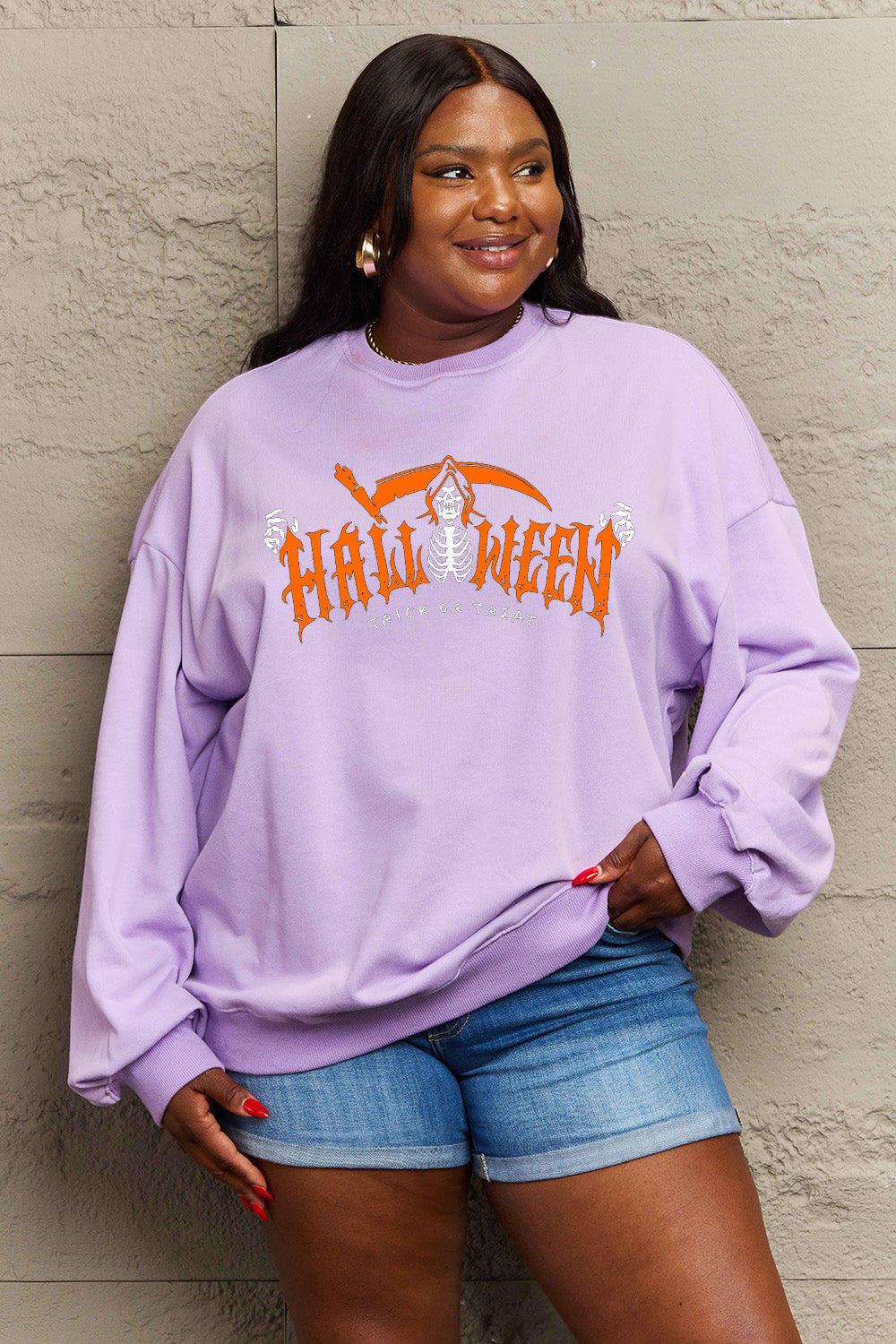Simply Love Full Size HALLOWEEN TRICK OR TREAT Graphic Sweatshirt BLUE ZONE PLANET