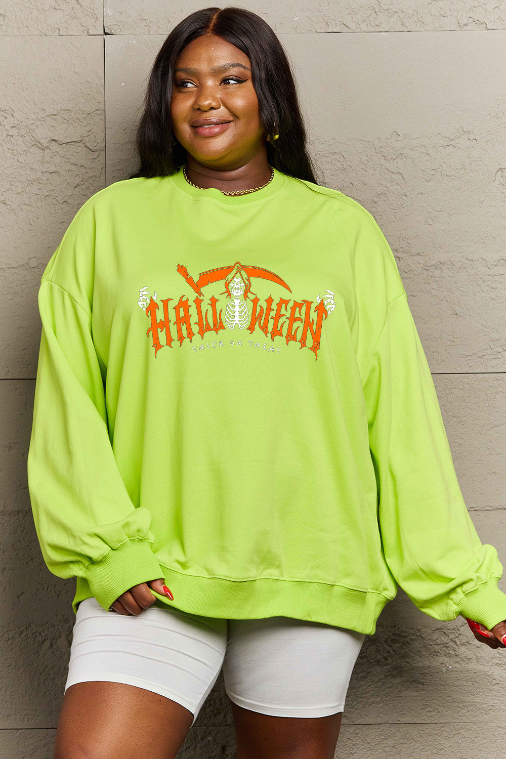 Simply Love Full Size HALLOWEEN TRICK OR TREAT Graphic Sweatshirt BLUE ZONE PLANET