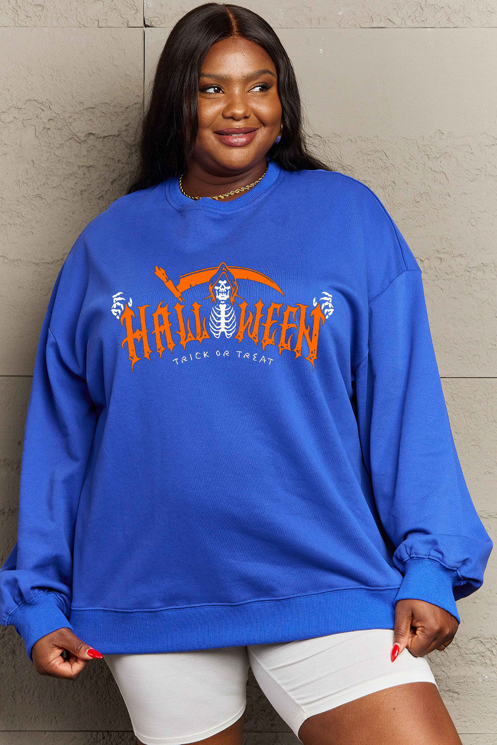 Simply Love Full Size HALLOWEEN TRICK OR TREAT Graphic Sweatshirt BLUE ZONE PLANET