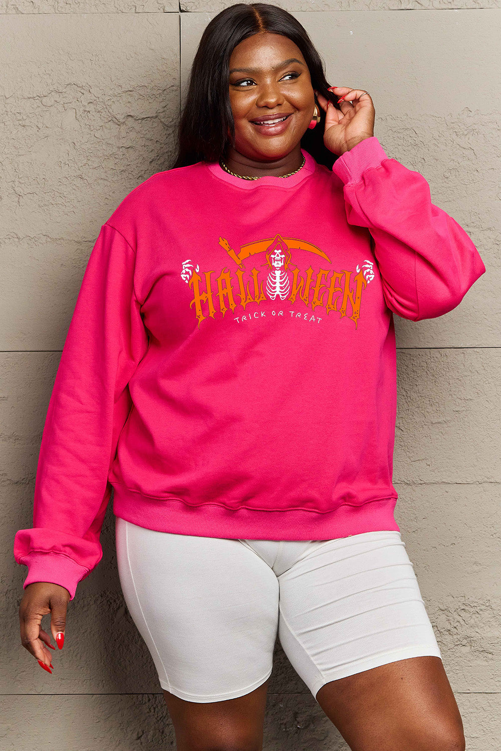 Simply Love Full Size HALLOWEEN TRICK OR TREAT Graphic Sweatshirt BLUE ZONE PLANET