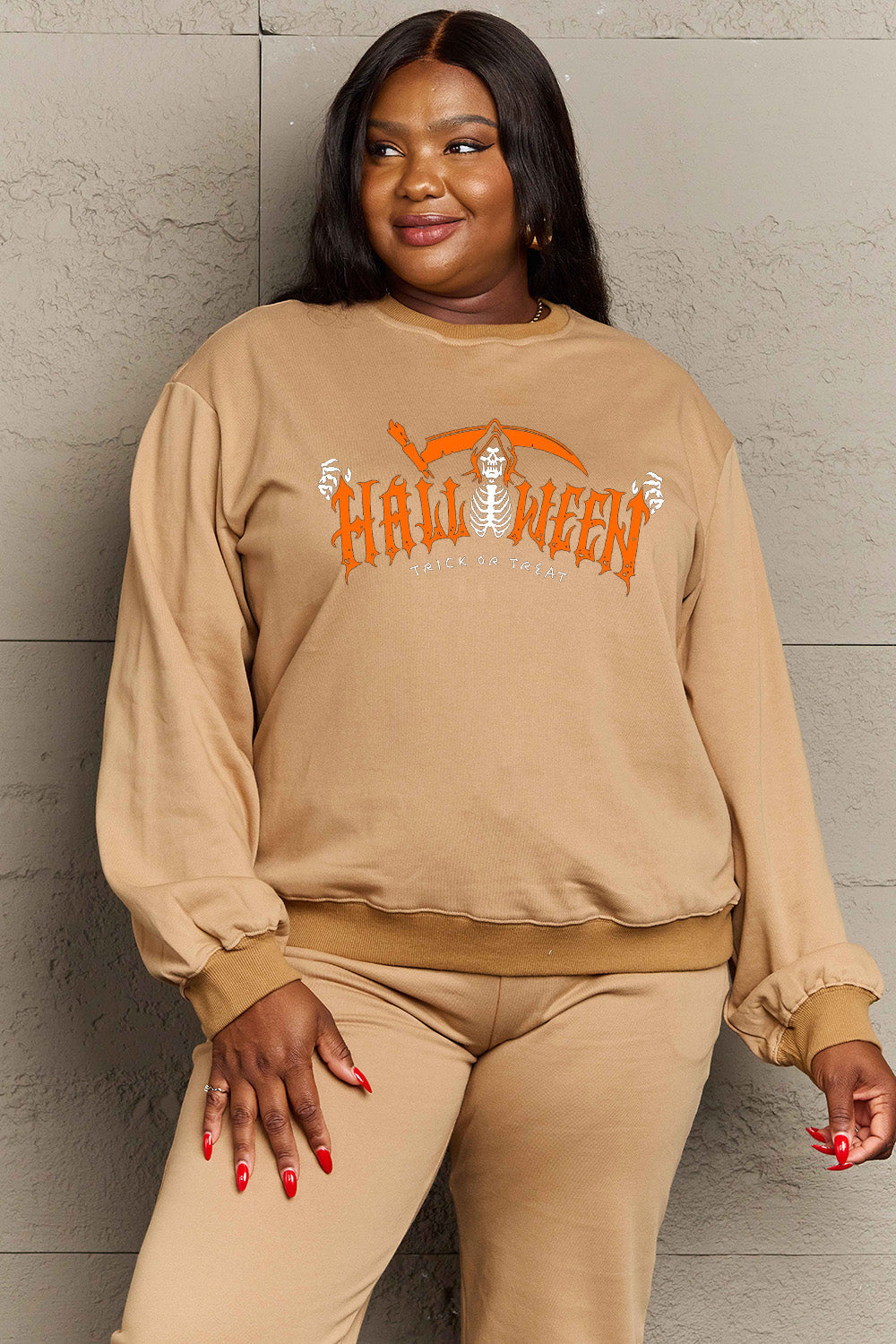 Simply Love Full Size HALLOWEEN TRICK OR TREAT Graphic Sweatshirt BLUE ZONE PLANET