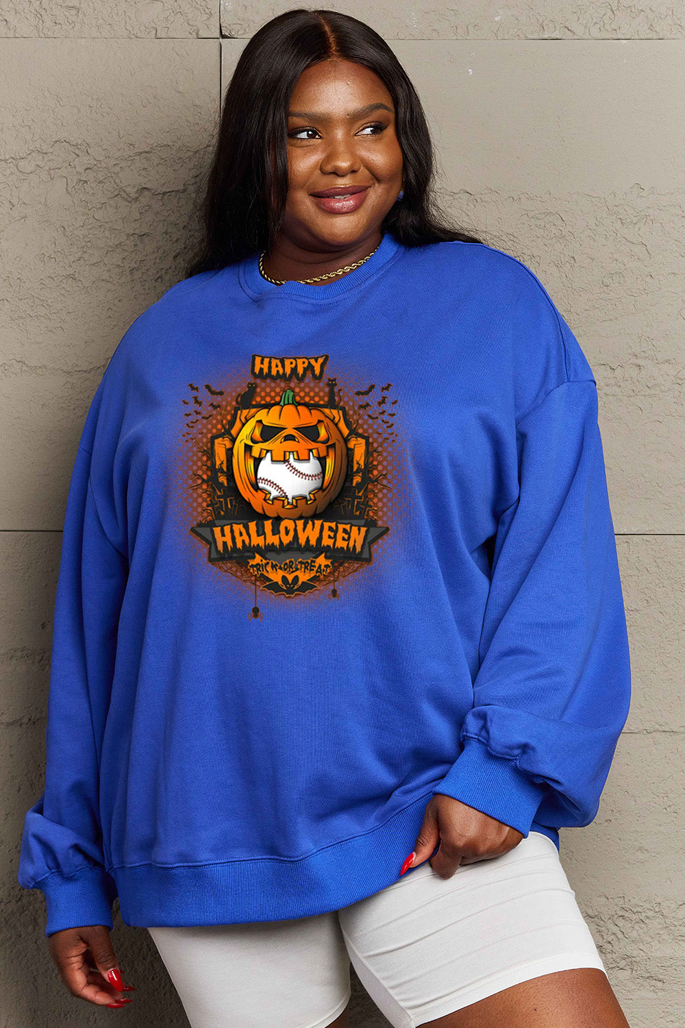 Simply Love Full Size HAPPY HALLOWEEN Graphic Sweatshirt BLUE ZONE PLANET