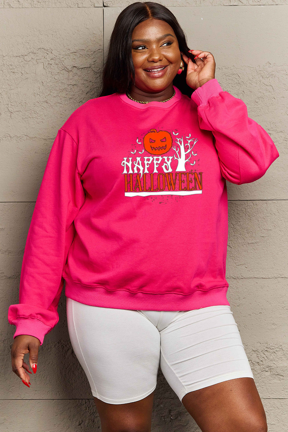 Simply Love Full Size HAPPY HALLOWEEN Graphic Sweatshirt BLUE ZONE PLANET