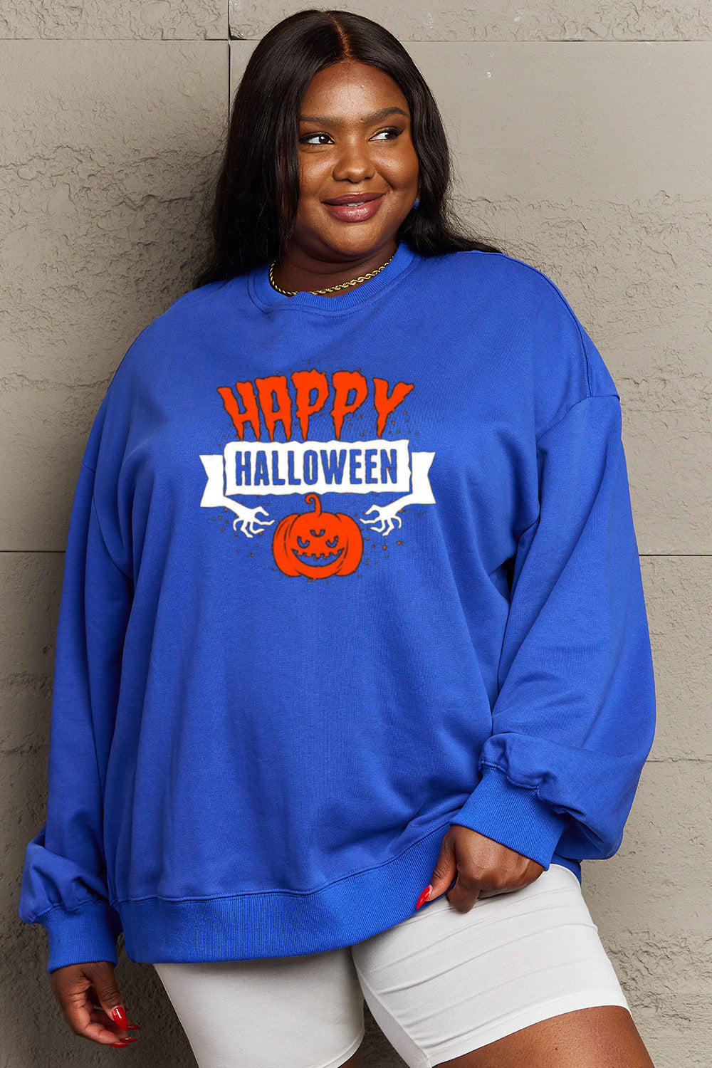 Simply Love Full Size HAPPY HALLOWEEN Graphic Sweatshirt BLUE ZONE PLANET