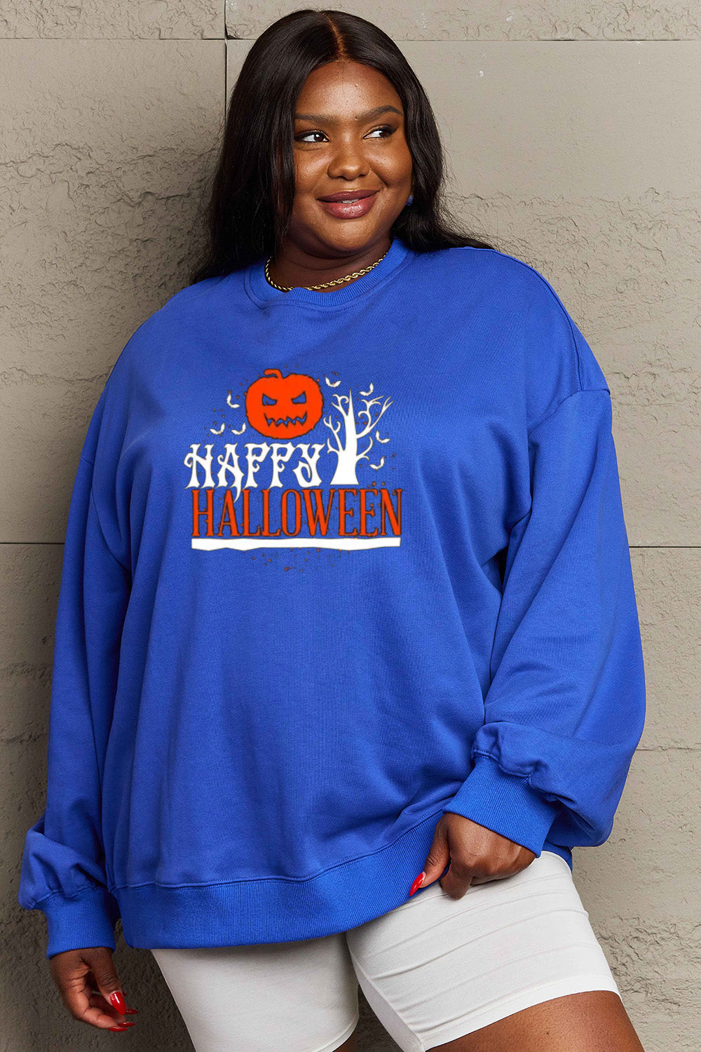Simply Love Full Size HAPPY HALLOWEEN Graphic Sweatshirt BLUE ZONE PLANET