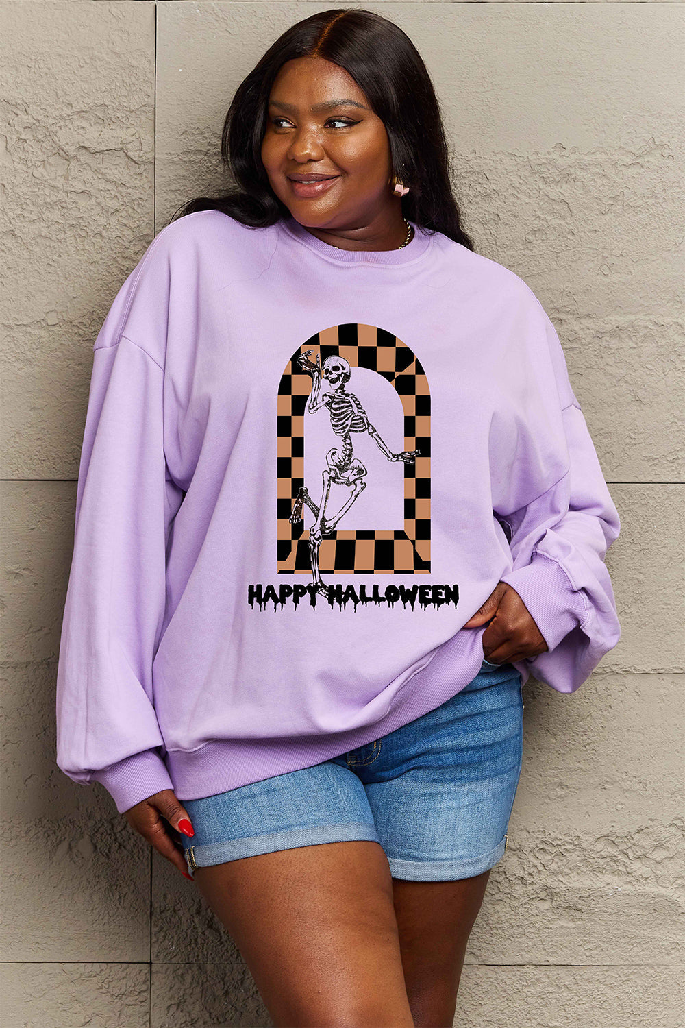 Simply Love Full Size HAPPY HALLOWEEN Graphic Sweatshirt BLUE ZONE PLANET