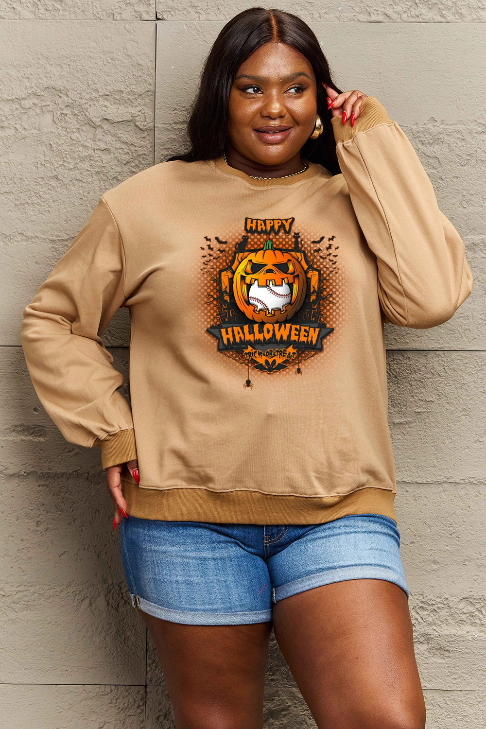 Simply Love Full Size HAPPY HALLOWEEN Graphic Sweatshirt BLUE ZONE PLANET