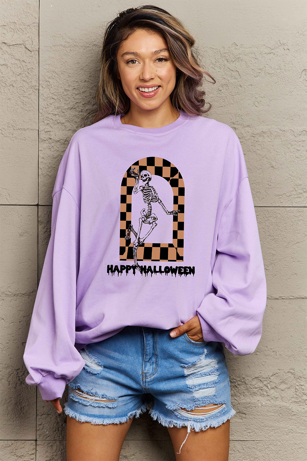 Simply Love Full Size HAPPY HALLOWEEN Graphic Sweatshirt BLUE ZONE PLANET