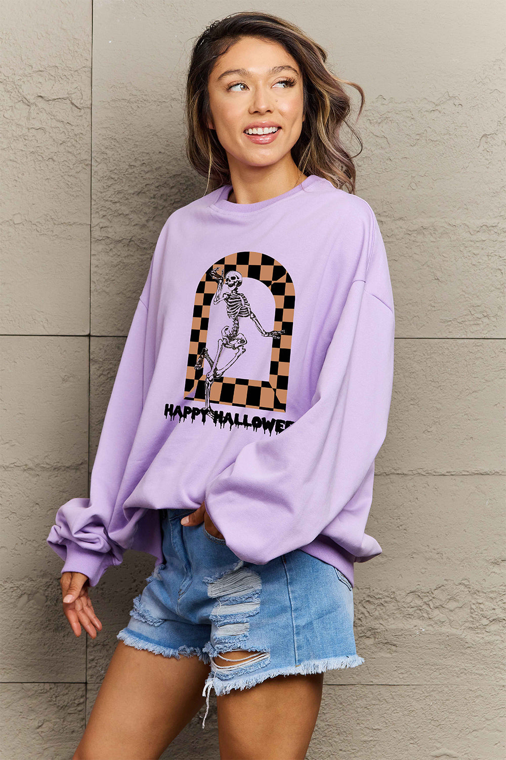 Simply Love Full Size HAPPY HALLOWEEN Graphic Sweatshirt BLUE ZONE PLANET