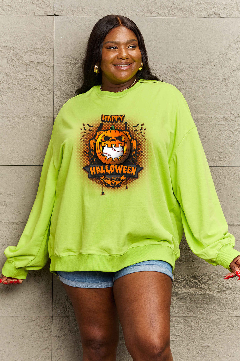 Simply Love Full Size HAPPY HALLOWEEN Graphic Sweatshirt BLUE ZONE PLANET