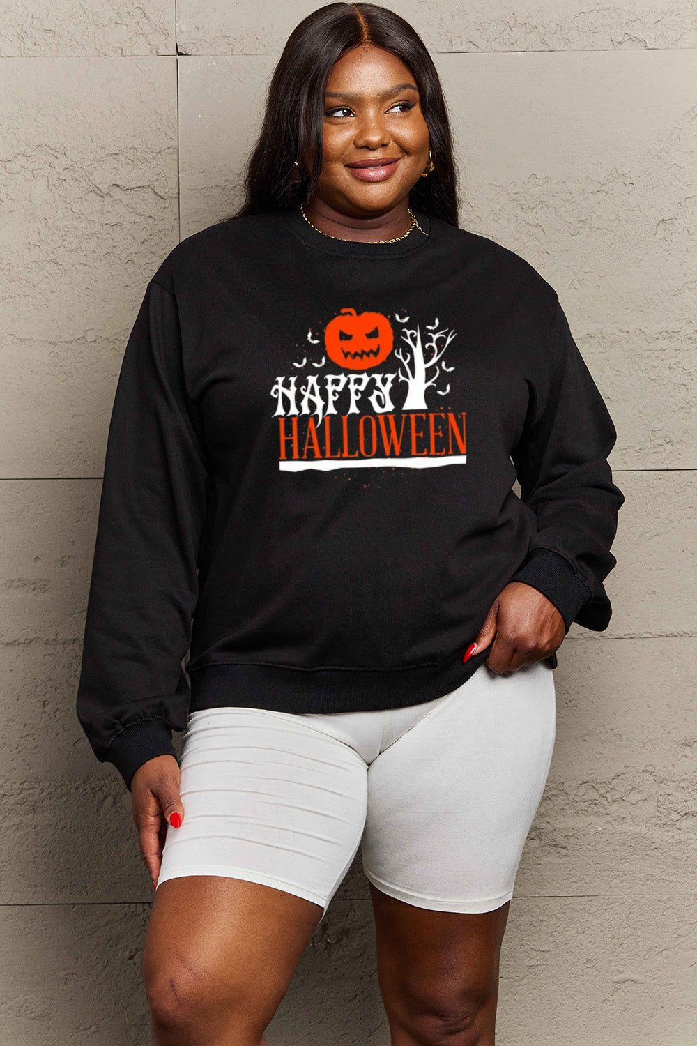 Simply Love Full Size HAPPY HALLOWEEN Graphic Sweatshirt BLUE ZONE PLANET