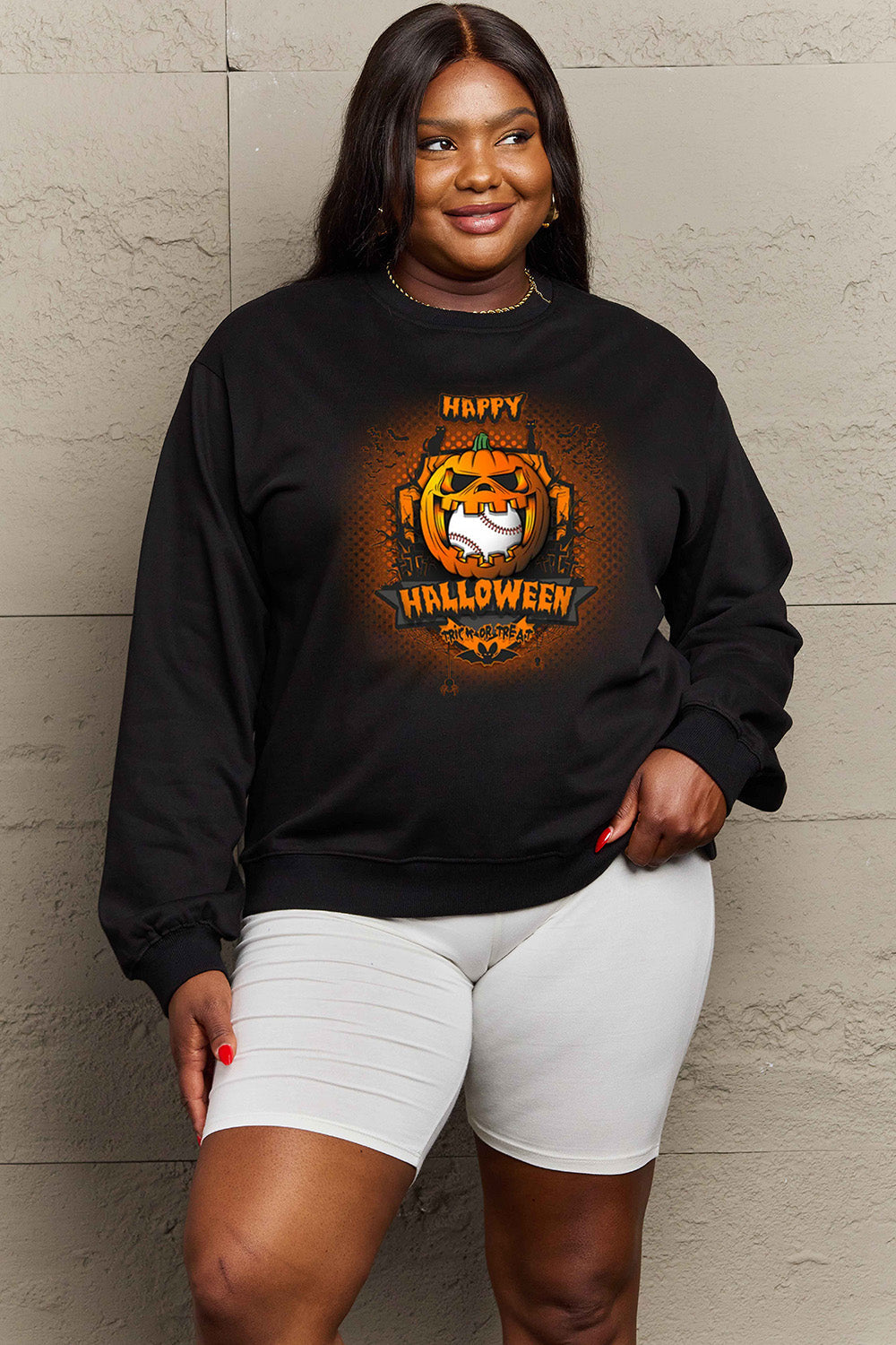 Simply Love Full Size HAPPY HALLOWEEN Graphic Sweatshirt BLUE ZONE PLANET